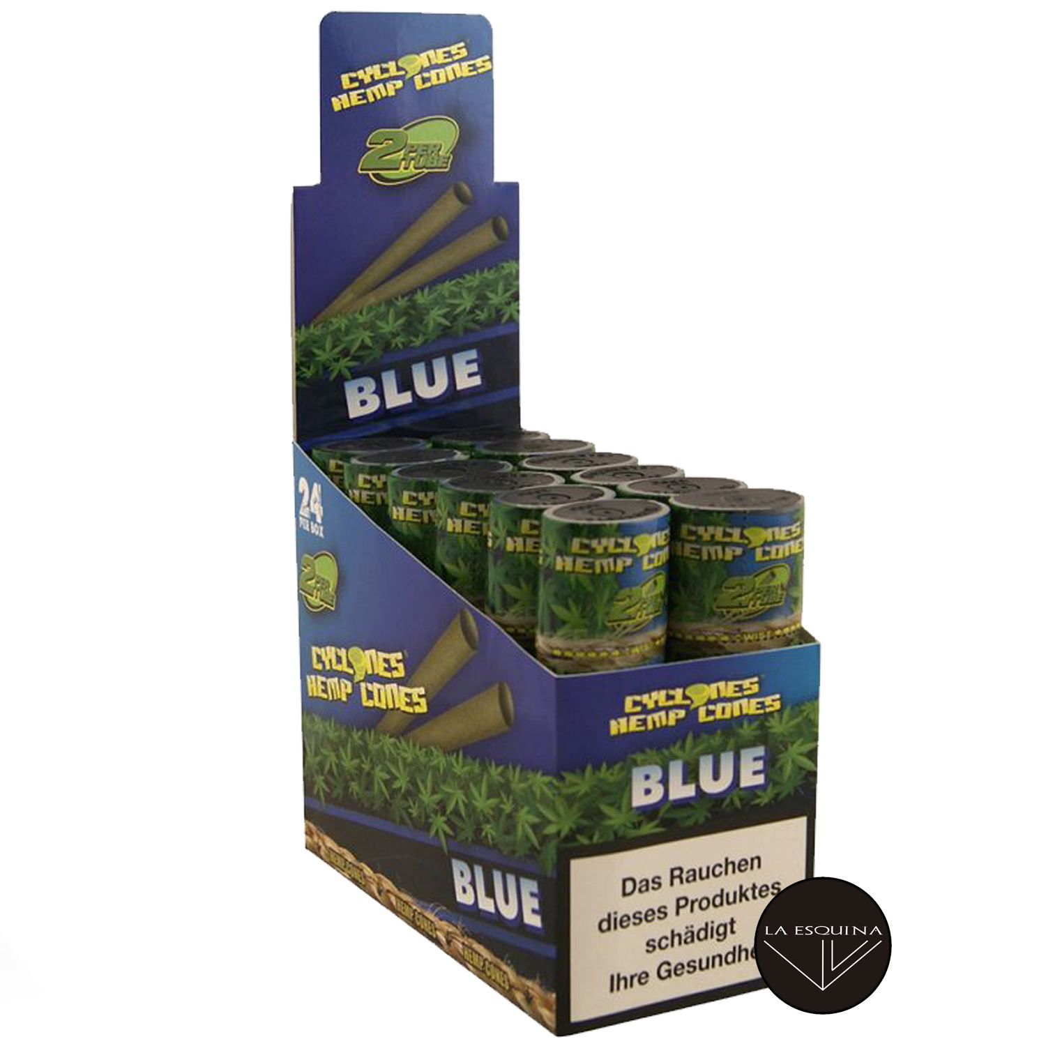 Caja Papel CYCLONES Hemp Blue sabor Arandanos . Conos preliados fabricados en cáñamo, la mejor elección para fumar un blunt. Caja de 12 estuches con 2 blunts cada uno