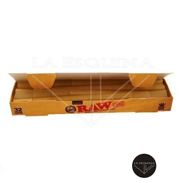 Caja de 32 conos Raw serie Classic, fabricados en papel ultrafino, natural y libre de aditivos, enrollados y con filtro