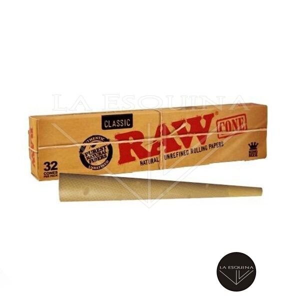 Caja de 32 conos Raw serie Classic, fabricados en papel ultrafino, natural y libre de aditivos, pre-enrollados y con filtro