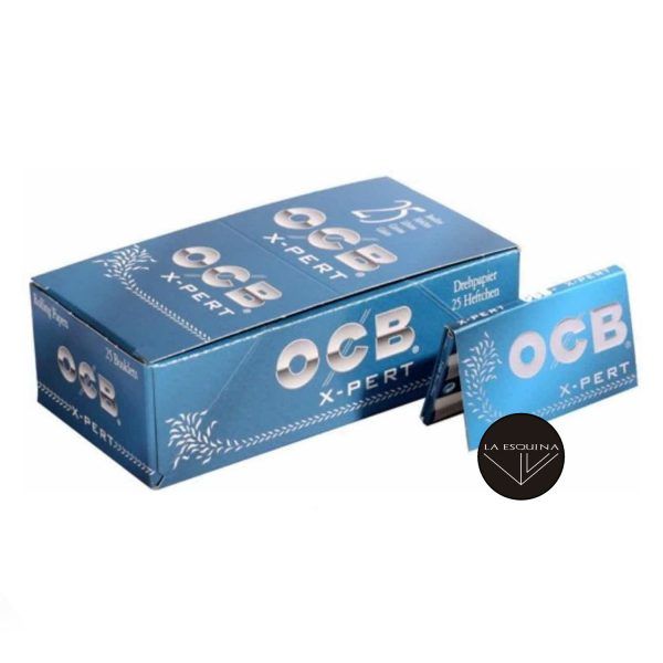 Caja de papel 25 librillos OCB Doble X-Pert Azul. Papel de fumar corto de 70 mm. Total 2500 hojas de papel de liar