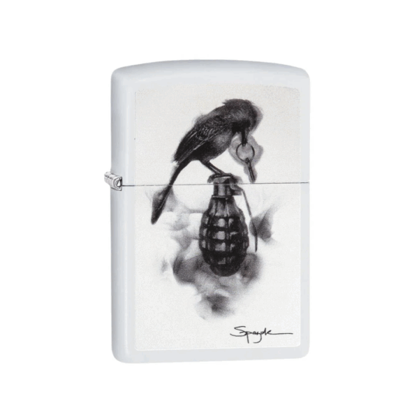 Encendedor Zippo PL214 Spazuk | Diseño “Cuervo y Granada” en Blanco Mate