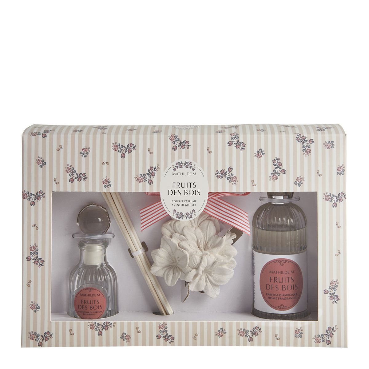 Pack Mathilde M. Ceramica Perfumada, Mikado y Spray de Ambiente Fruits Des Bois